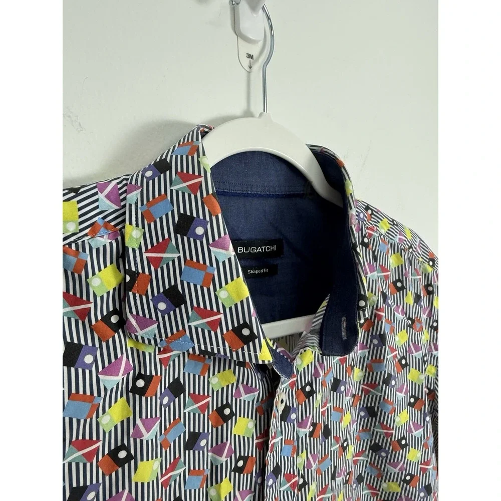 Bugatchi Men's Short Sleeve Shirt Geometric Pattern 100% Cotton Size Large